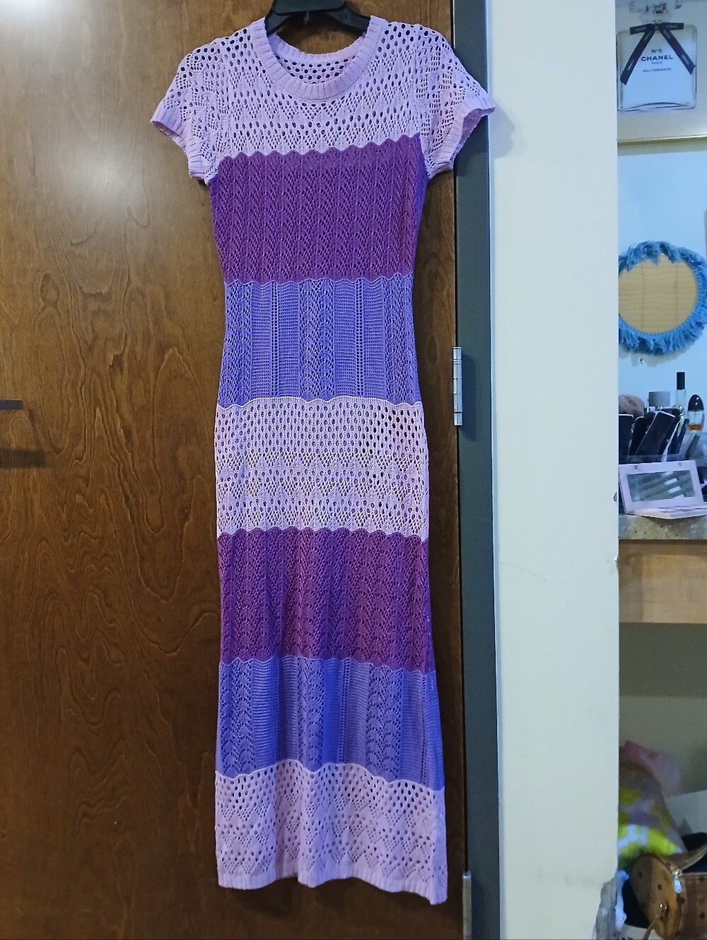 NWOT/ purple striped crochet short sleeve maxi dress